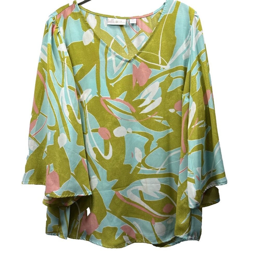 Belle by Kim Gravel Green Blue Pink Abstract V-Neck Blouse